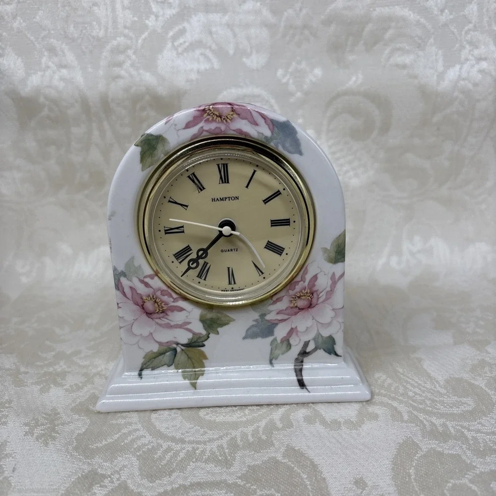 Vintage Germany Grayshott Pottery Porcelain Quartz Mantel Clock, Flowers Pattern